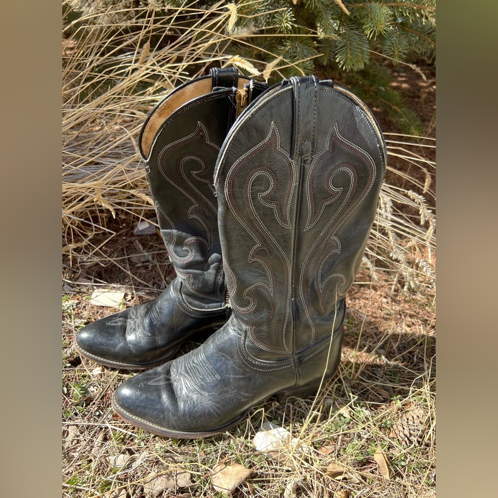 Custom Vintage Wrangler Black Stitched Leather Cowboy Boots With Zipper